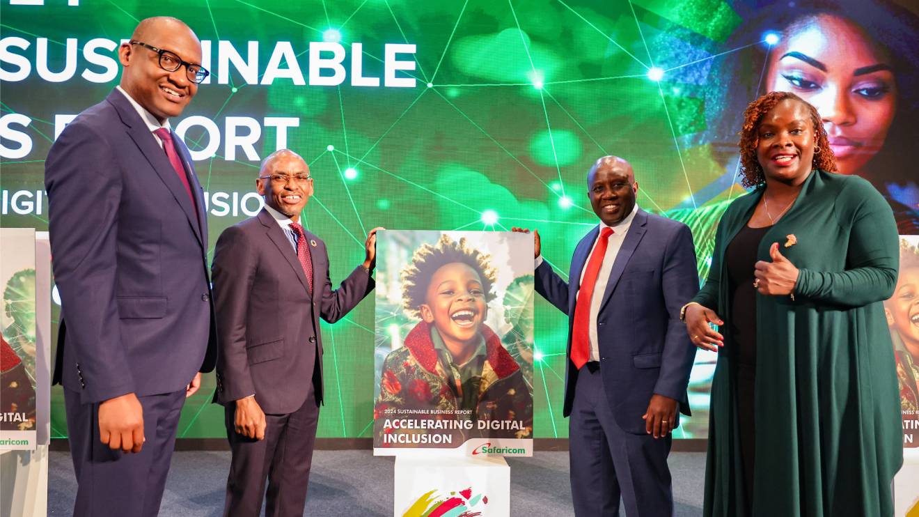 Fred Waithaka, Peter Ndegwa, John Tanui and Karen Basiye during the launch of Safaricom's 2024 Sustainable Business Report. PHOTO/COURTESY